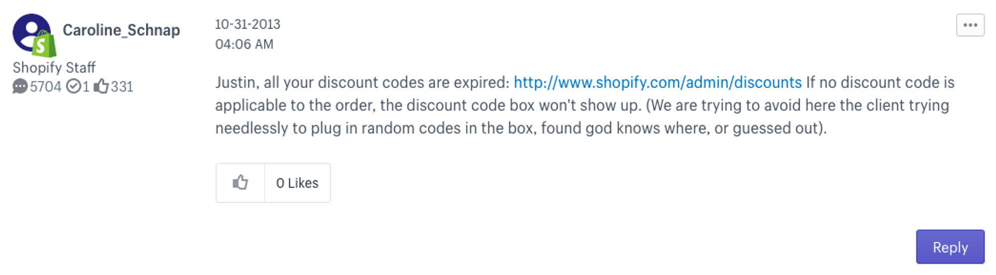 Response from the Shopify Staff about discount code box visibility on the checkout page