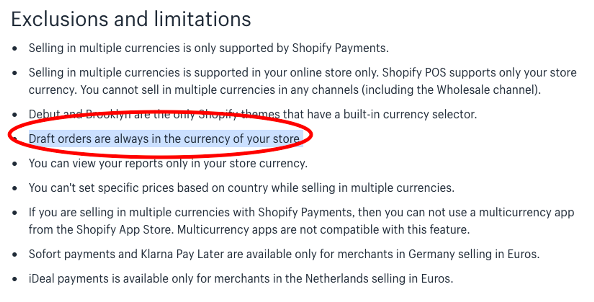 Shopify Official documentation on limitations of draft order