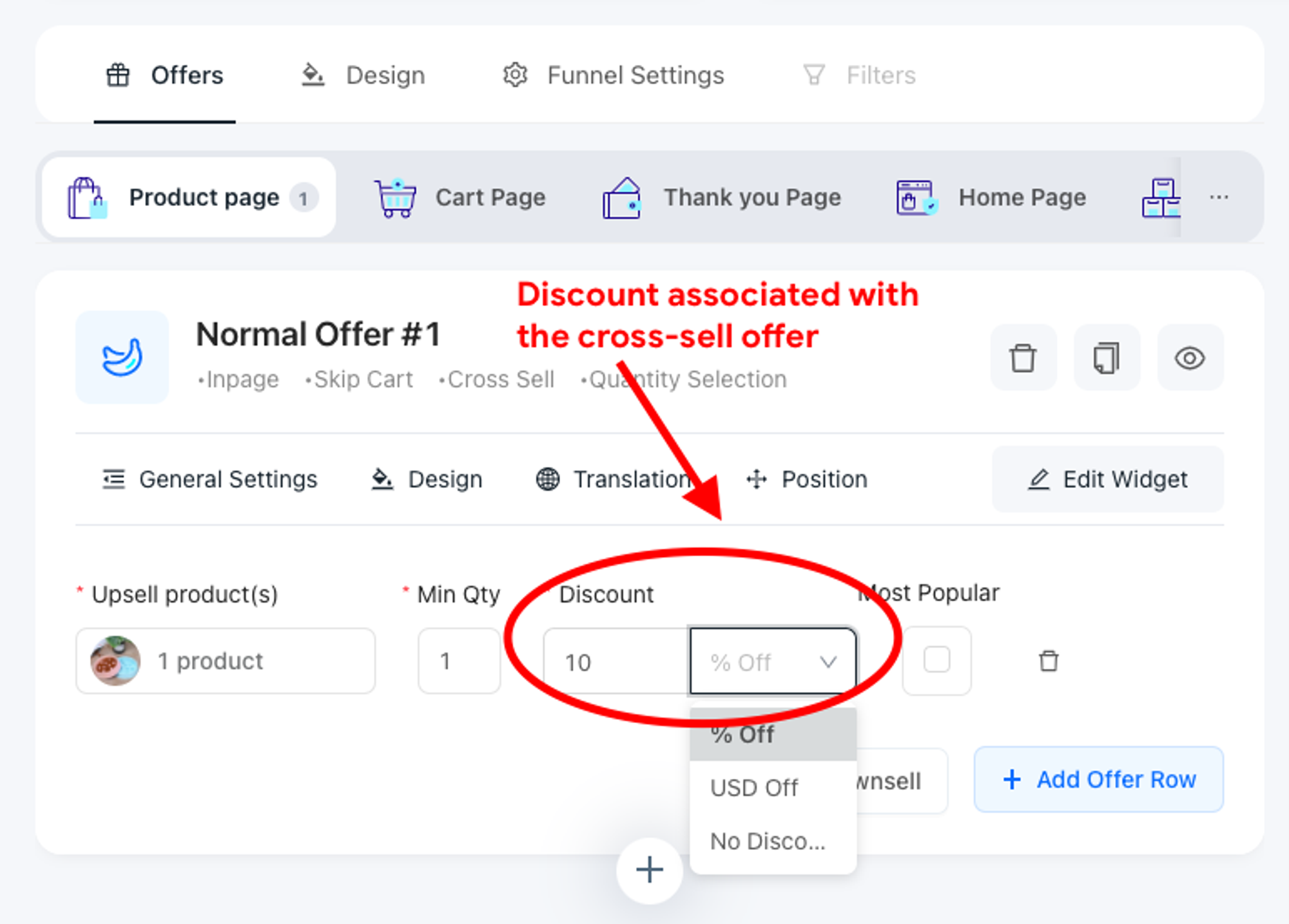 Upsell Funnel Engine (UFE) widget with discount